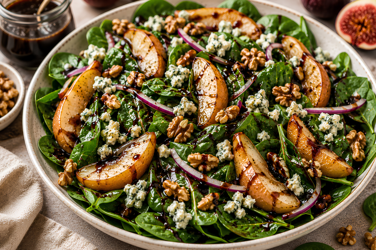 Fig Balsamic Spinach Salad with Roasted Pears & Walnuts