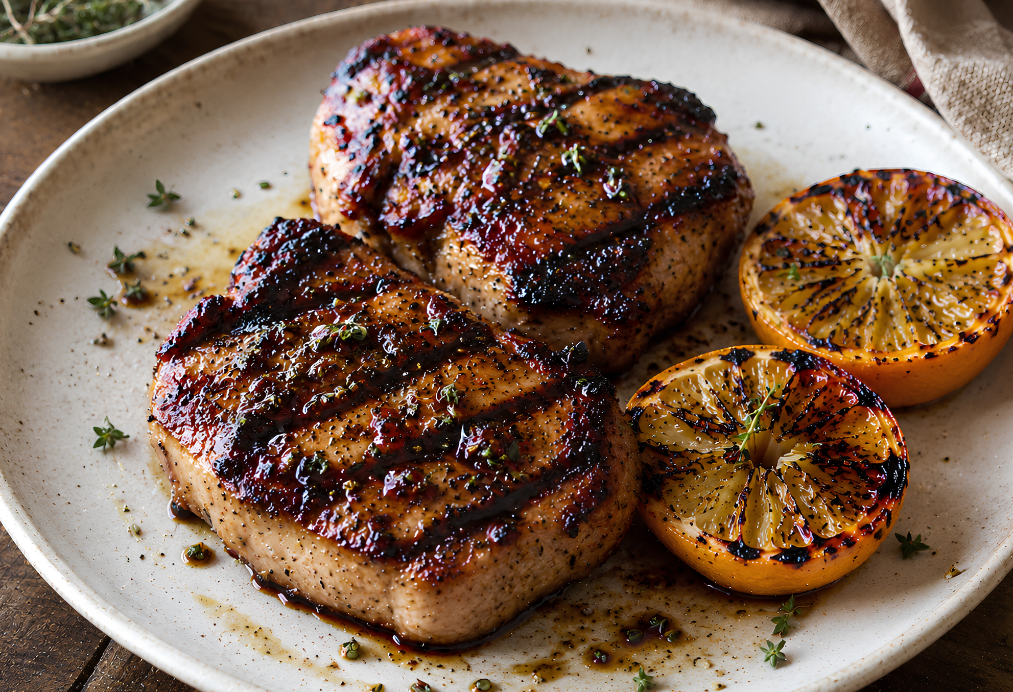 Grilled Pomegranate Balsamic Boneless Pork Chops with Thyme & Charred Citrus