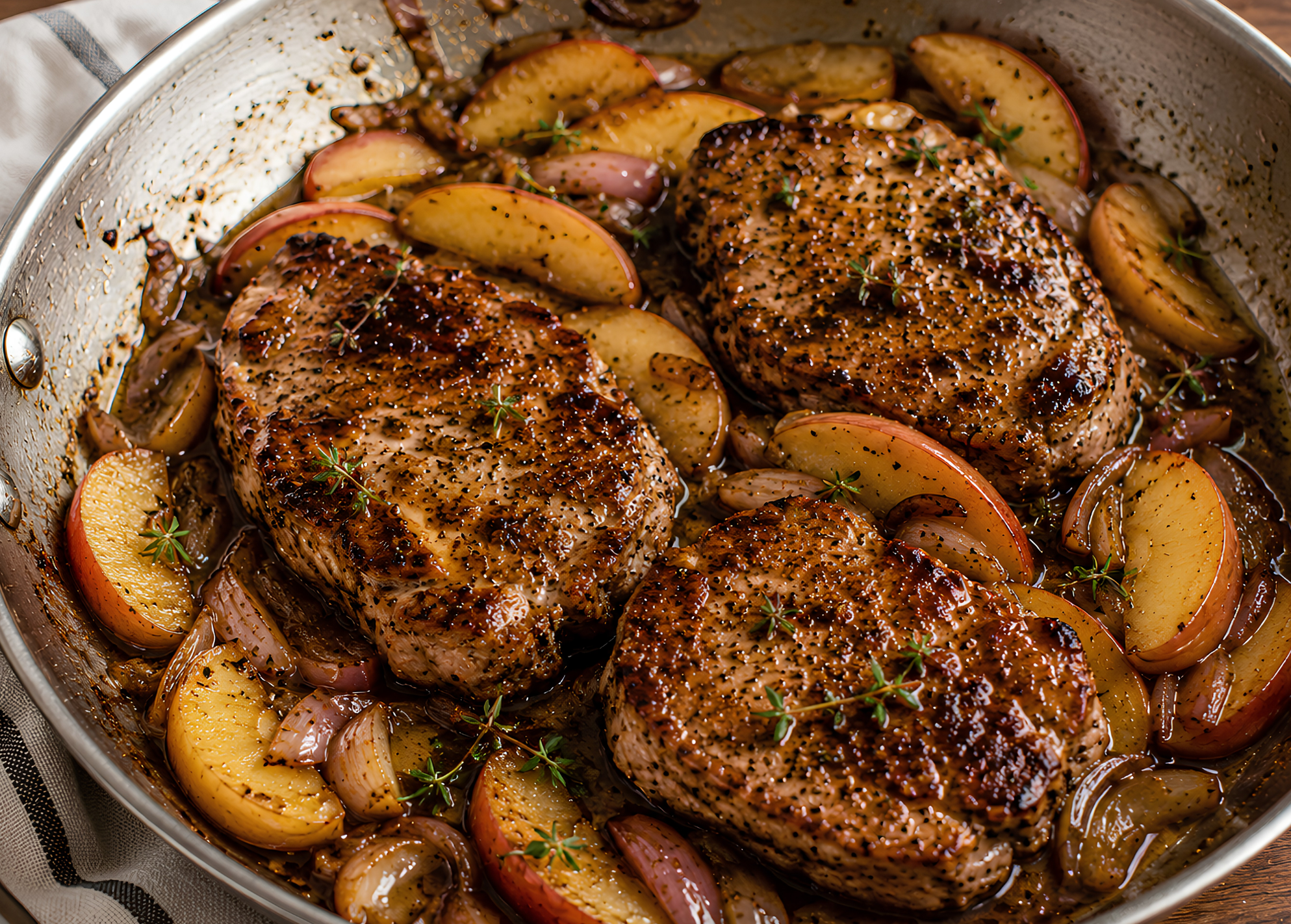 Pear Balsamic Pork Shoulder Steaks with Apple & Shallot Pan Sauce