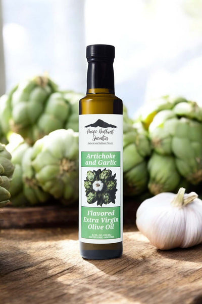 Artichoke and Garlic Flavored Extra Virgin Olive Oil bottle with fresh garlic and artichokes in background.