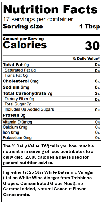 Nutrition facts for Coconut White Balsamic, showing 30 calories per serving, ingredients, and serving size information.