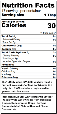Nutrition facts for Coconut White Balsamic, showing 30 calories per serving, ingredients, and serving size information.
