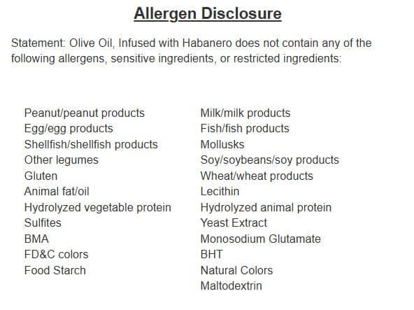 Allergen disclosure for Habanero Mango Olive Oil, listing ingredients and allergens avoided.