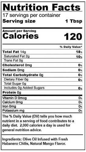Nutrition facts for Habanero Mango Fused Olive Oil, showing calories, serving size, and key ingredients.