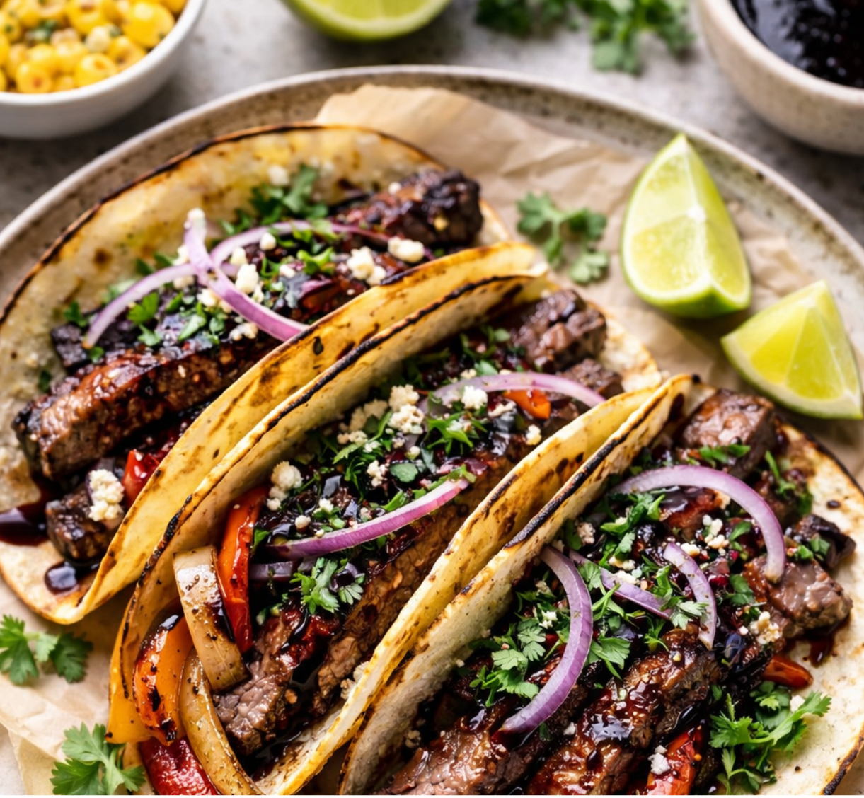 Artichoke & Garlic Skirt Steak Tacos with Blackberry Balsamic