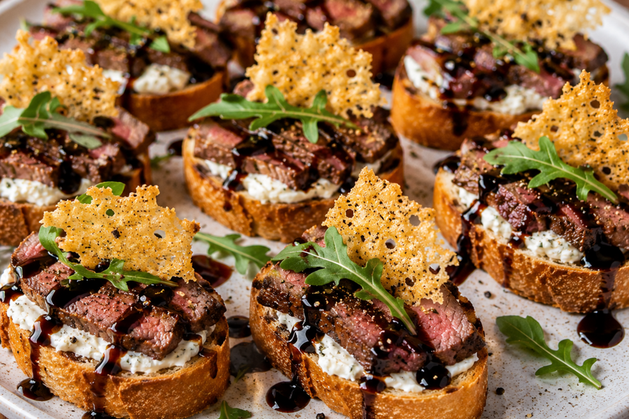 Beef Crostini with Parmesan Crisps and Balsamic Drizzle