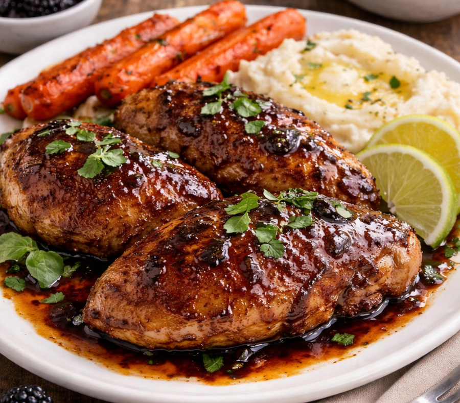 Blackberry Dark Balsamic Glazed Chicken with Basil & Citrus