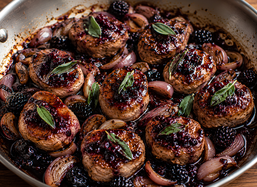 Blackberry Balsamic Seared Pork Medallions with Shallots and Fresh Sage
