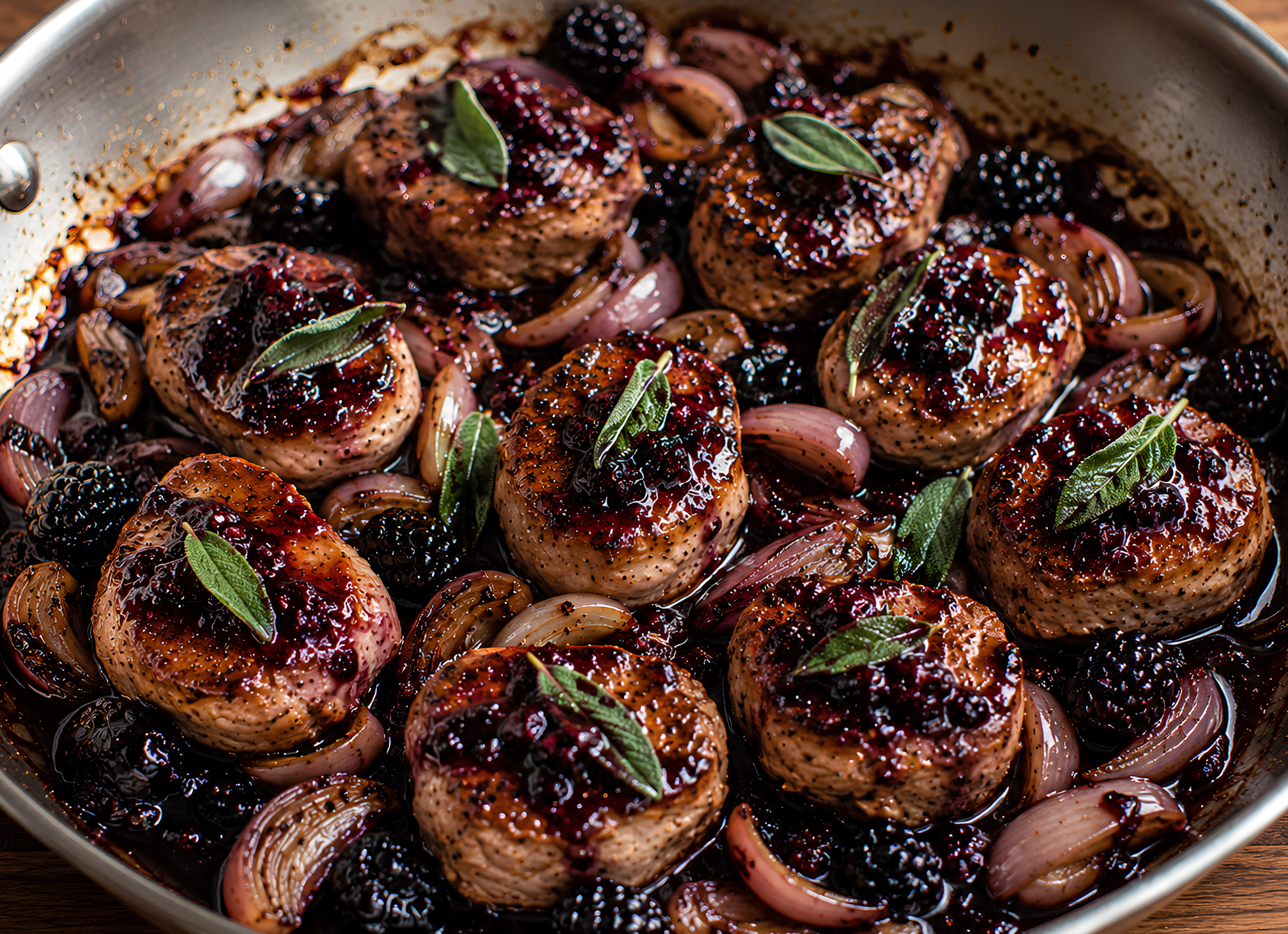 Blackberry Balsamic Seared Pork Medallions with Shallots and Fresh Sage