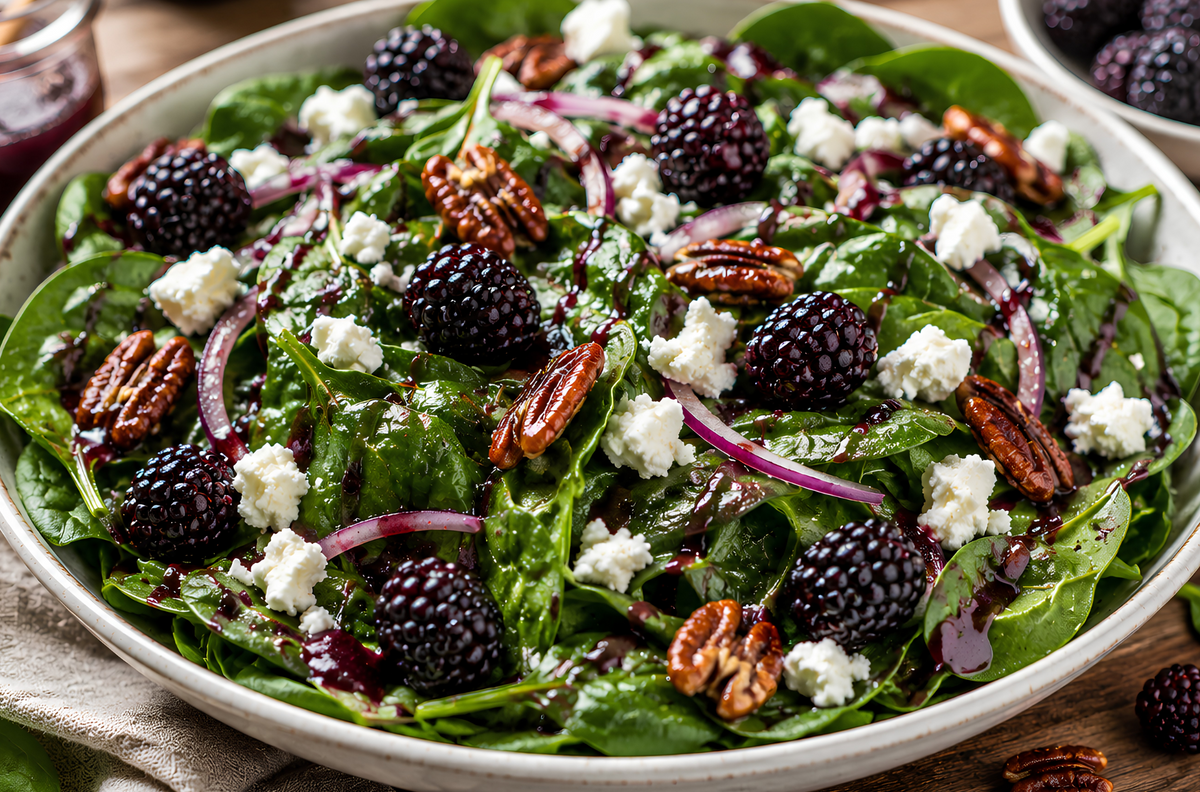 Blackberry Balsamic Spinach Salad with Goat Cheese & Candied Pecans