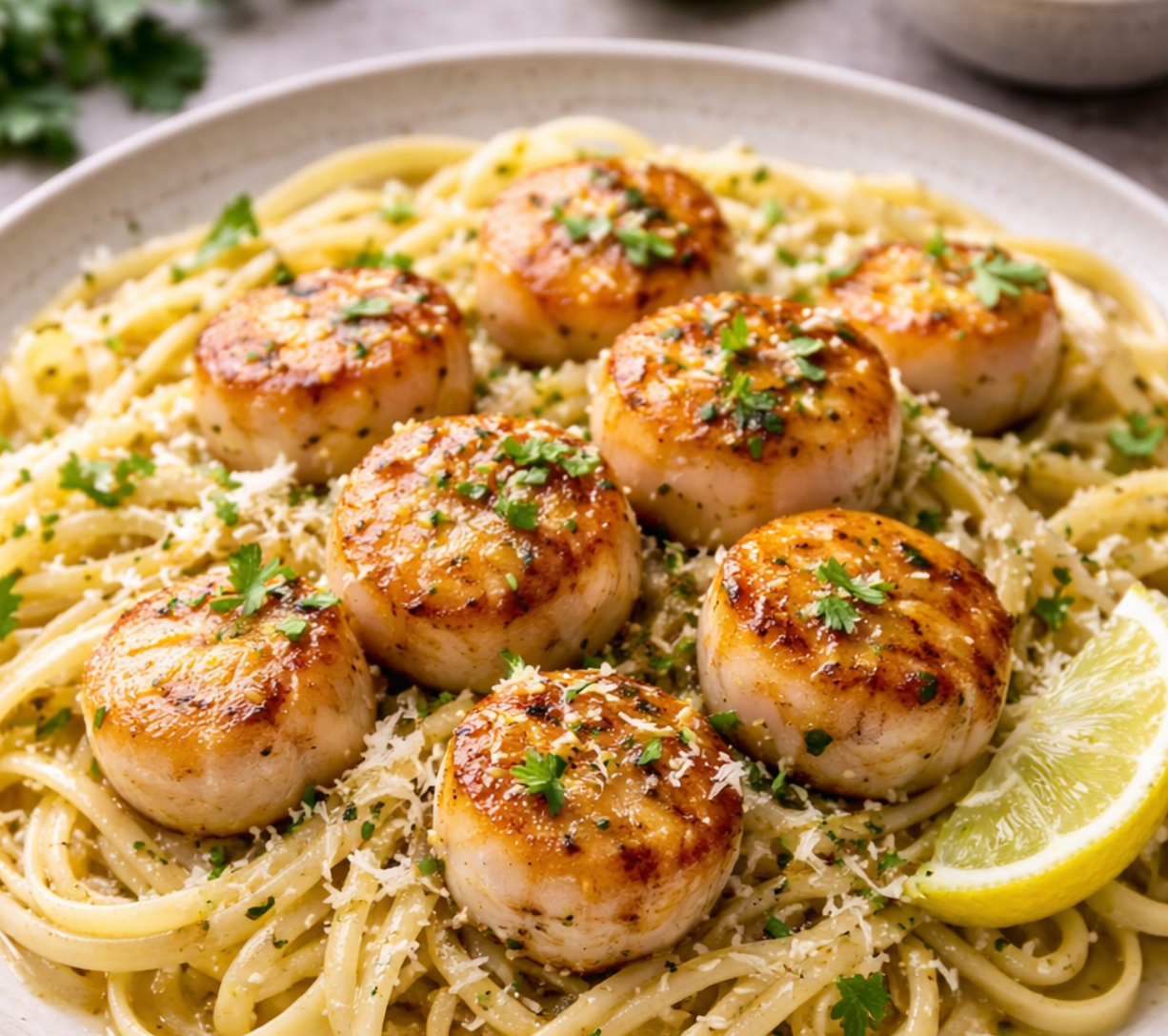 Pan-Seared Scallops with White Balsamic Butter Pasta