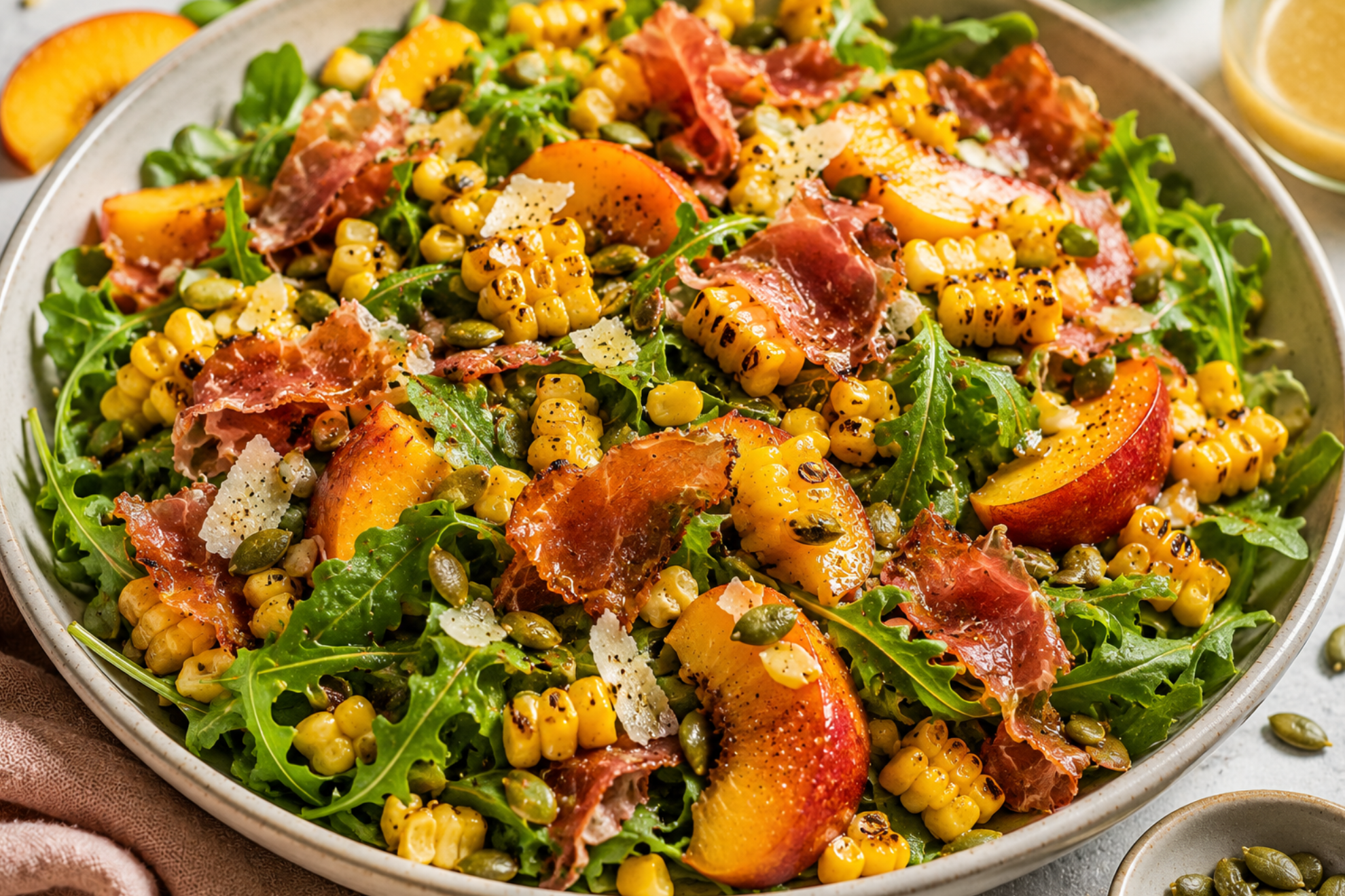 Charred Corn & Peach Balsamic Salad with Crispy Prosciutto