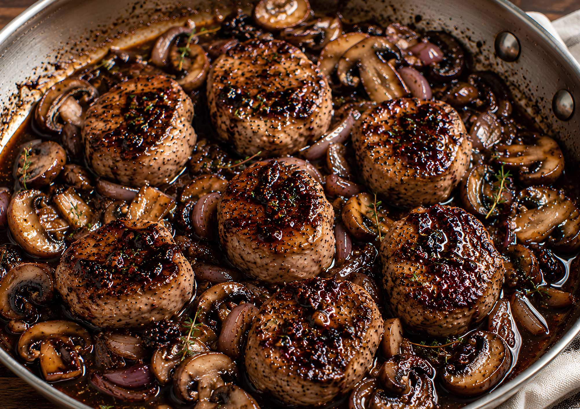 Classic Balsamic Pork and Mushroom Skillet with Garlic, Shallots and Pan Reduction