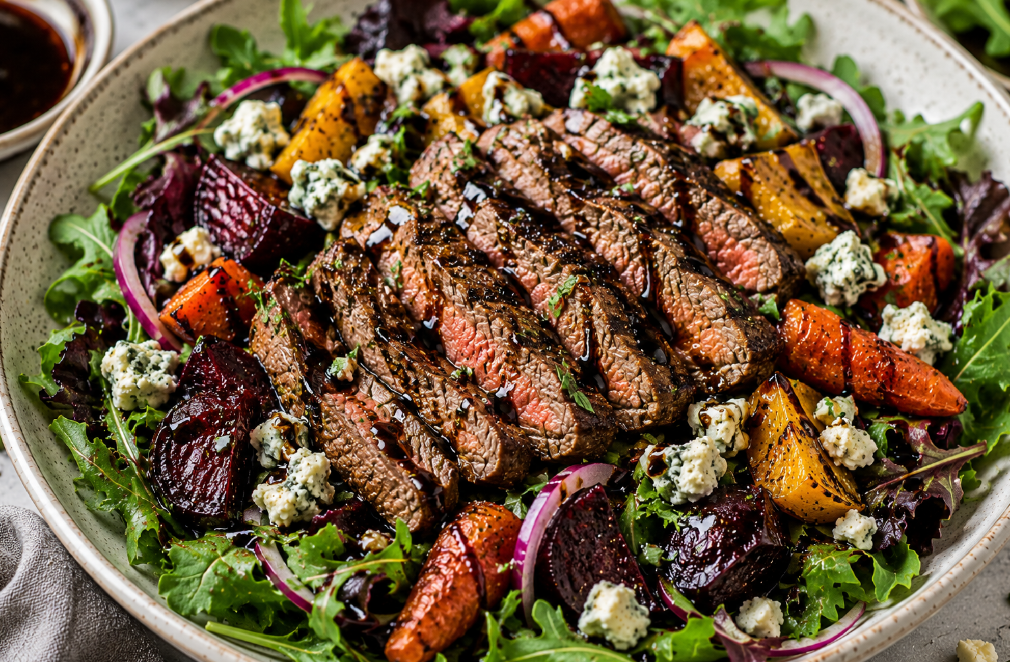 Classic Balsamic Steak & Blue Cheese Salad with Mixed Greens & Roasted Vegetables