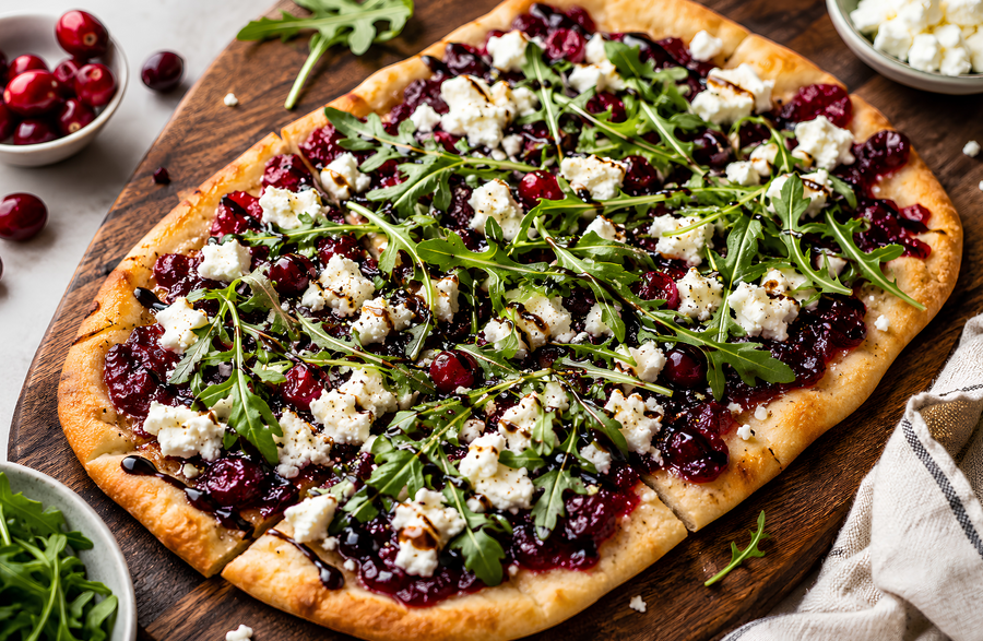 Cranberry Balsamic Flatbread with Goat Cheese & Arugula