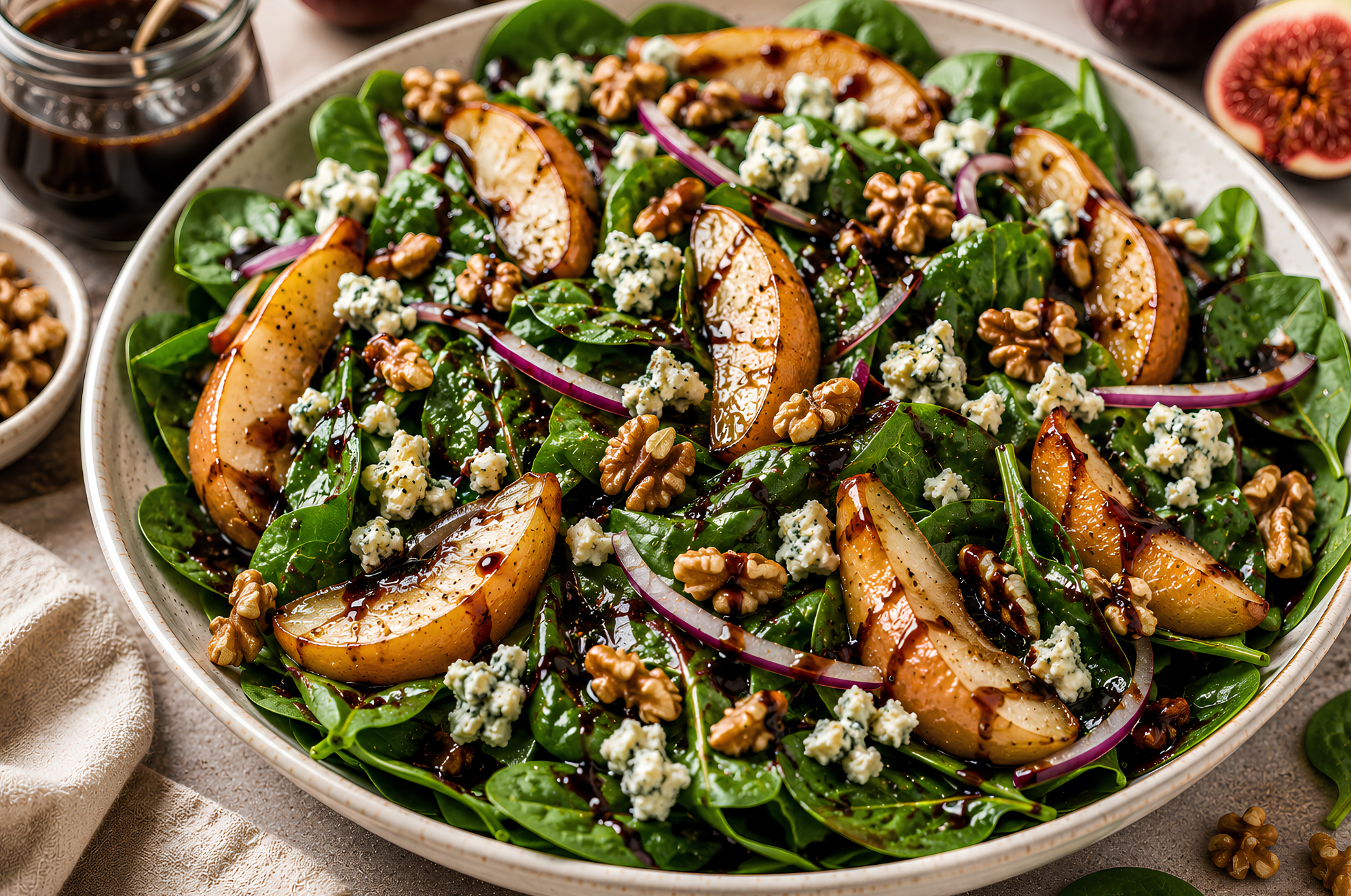 Fig Balsamic Spinach Salad with Roasted Pears & Walnuts