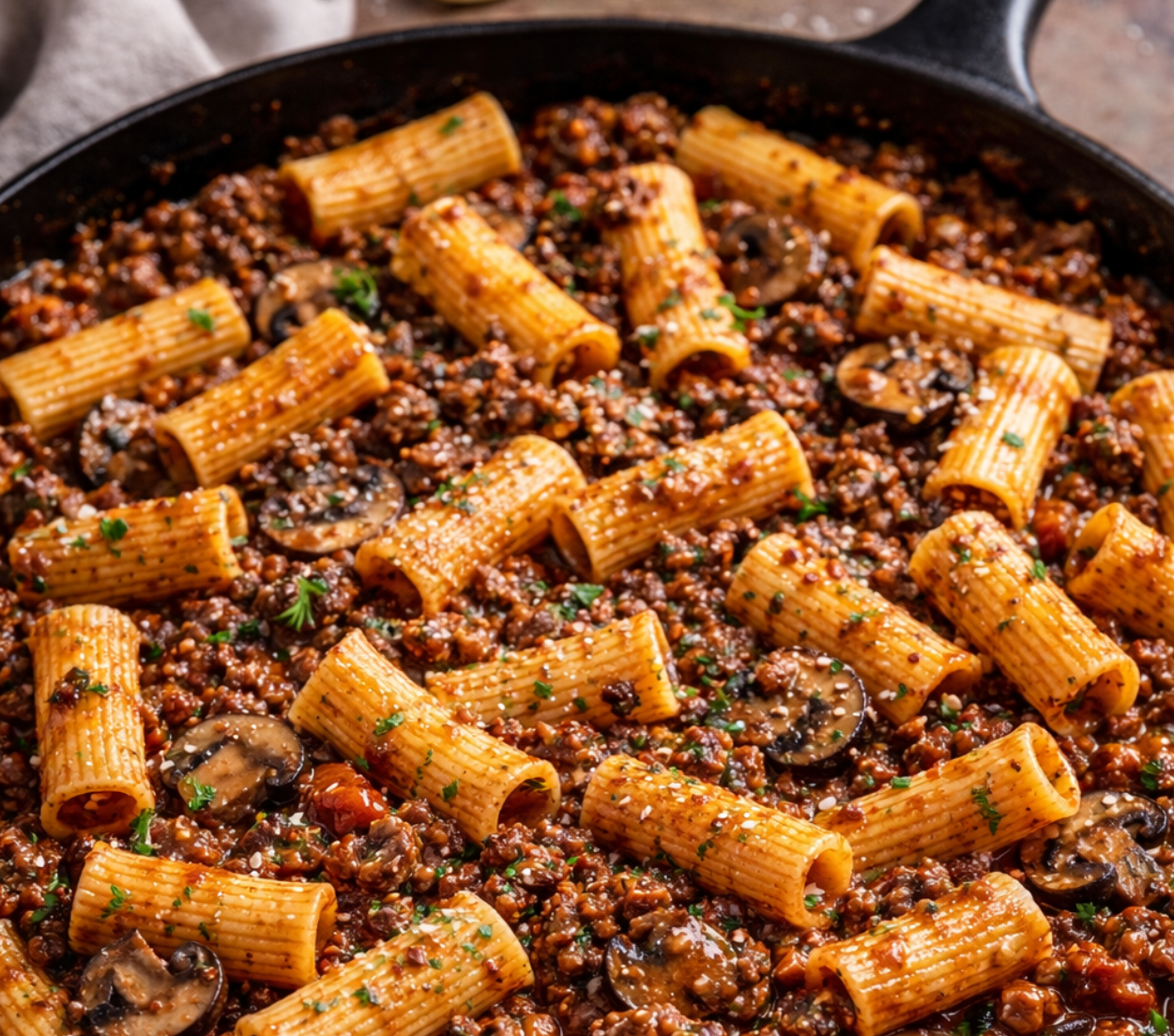 Skillet Beef & Mushroom Rigatoni with Classic Dark Balsamic
