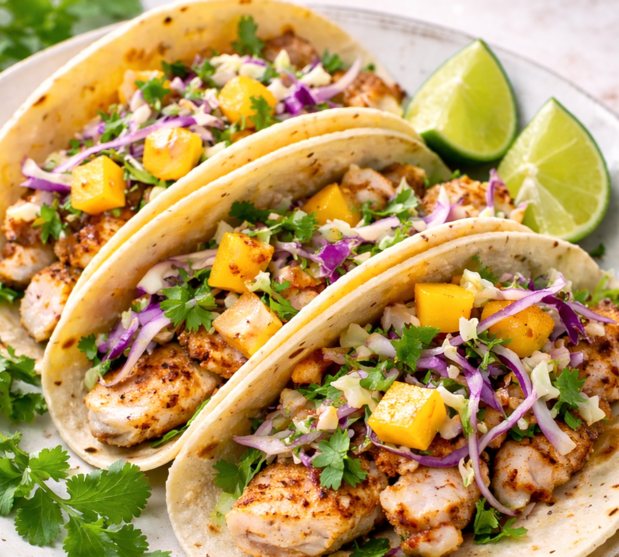 Mango White Balsamic Fish Tacos with Crisp Slaw