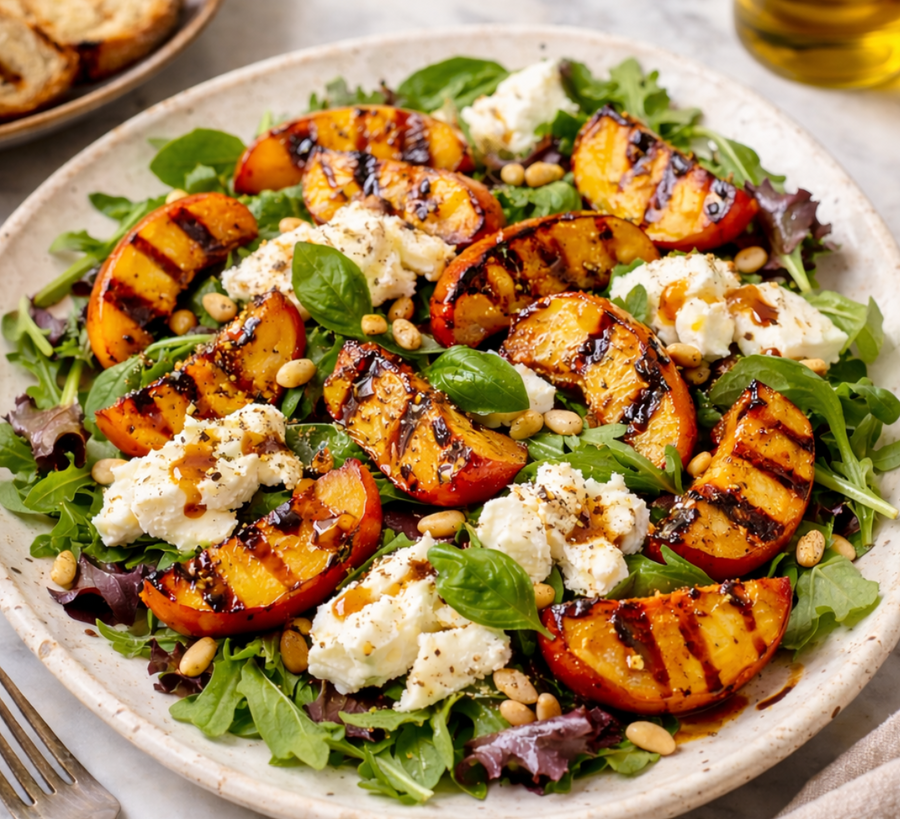 Warm Grill Peach and Burrata Salad