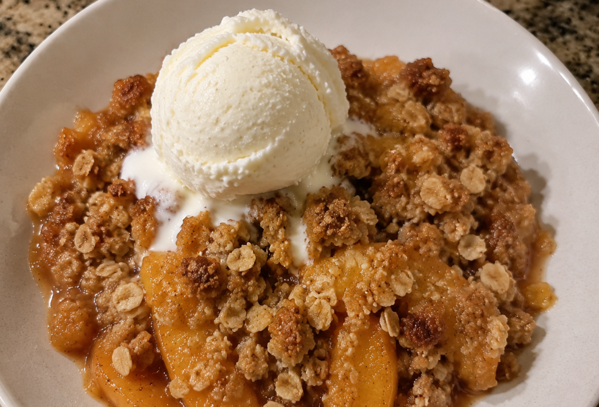 Peach Balsamic Crumble Skillet with Vanilla Oat Topping