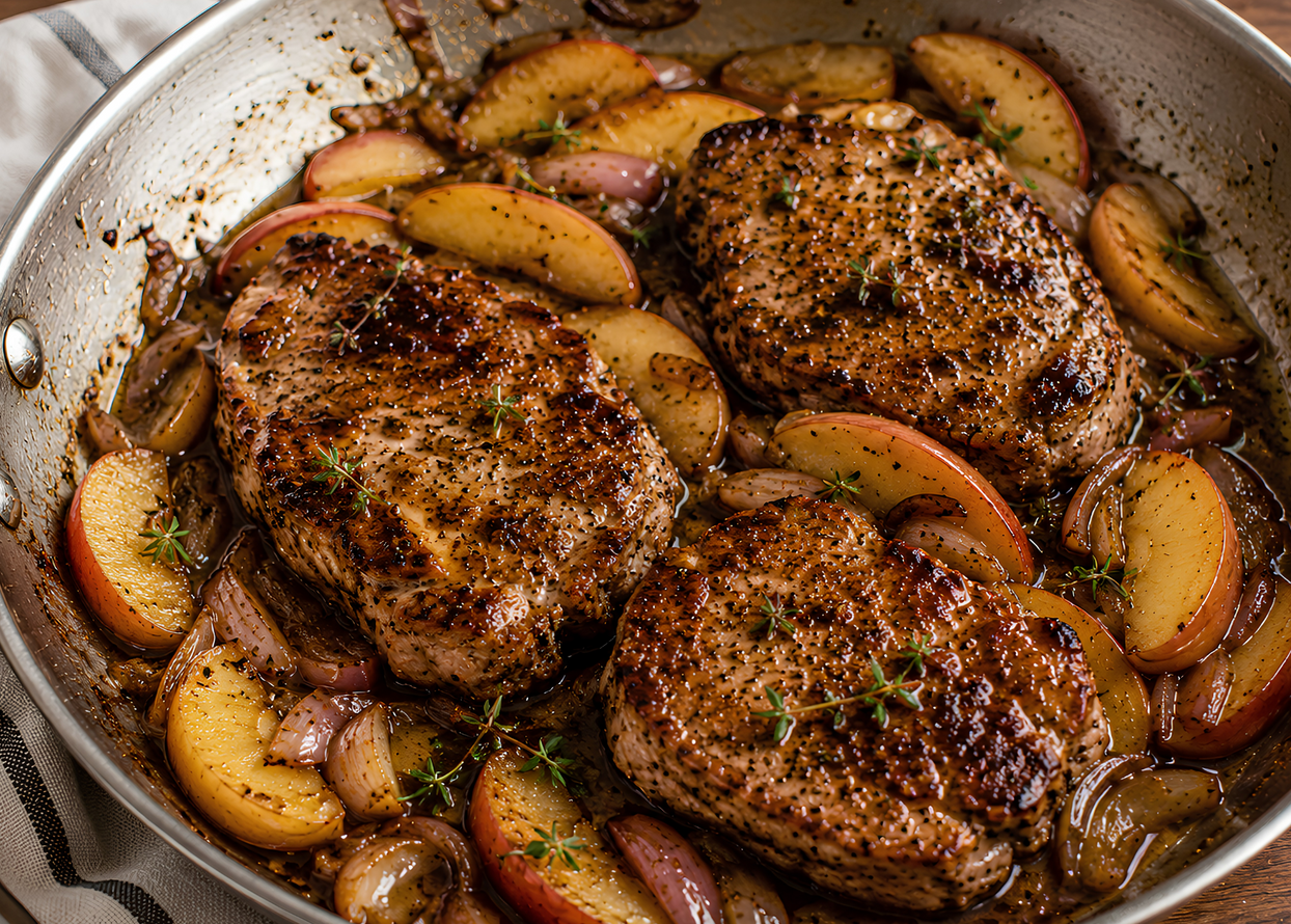 Pear Balsamic Pork Shoulder Steaks with Apple & Shallot Pan Sauce