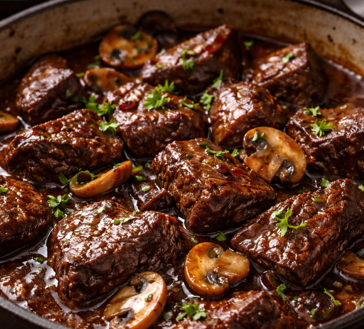 Raspberry Dark Balsamic Braised Beef Tips with Mushrooms