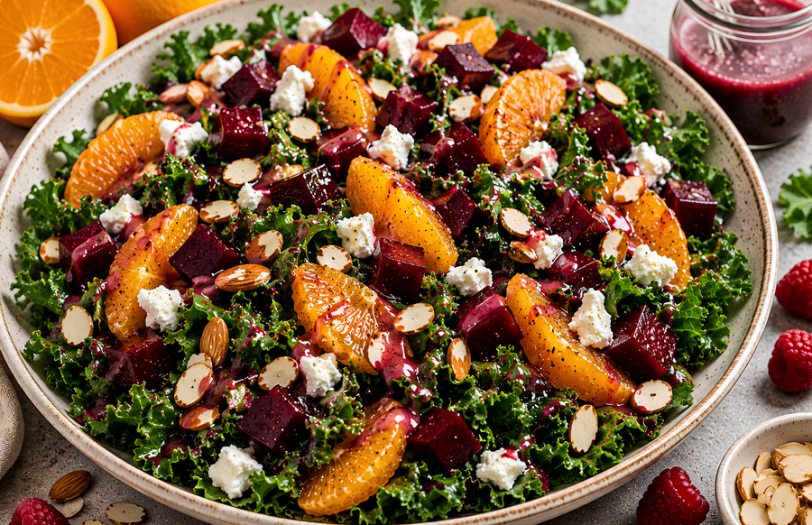 Raspberry Balsamic Baby Kale Salad with Roasted Beets, Orange & Goat Cheese