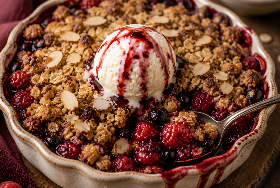 Raspberry Balsamic Warm Berry Crisp with Almond Crumble
