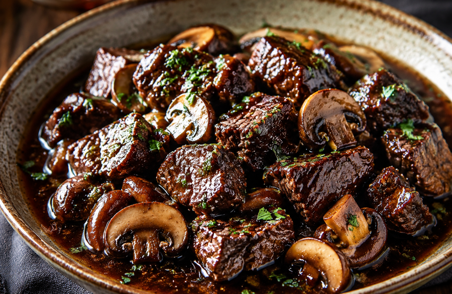 Raspberry Dark Balsamic Braised Beef Tips with Mushrooms