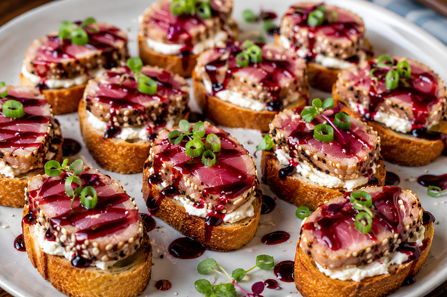 Seared Ahi Crostini with Raspberry Balsamic Glaze