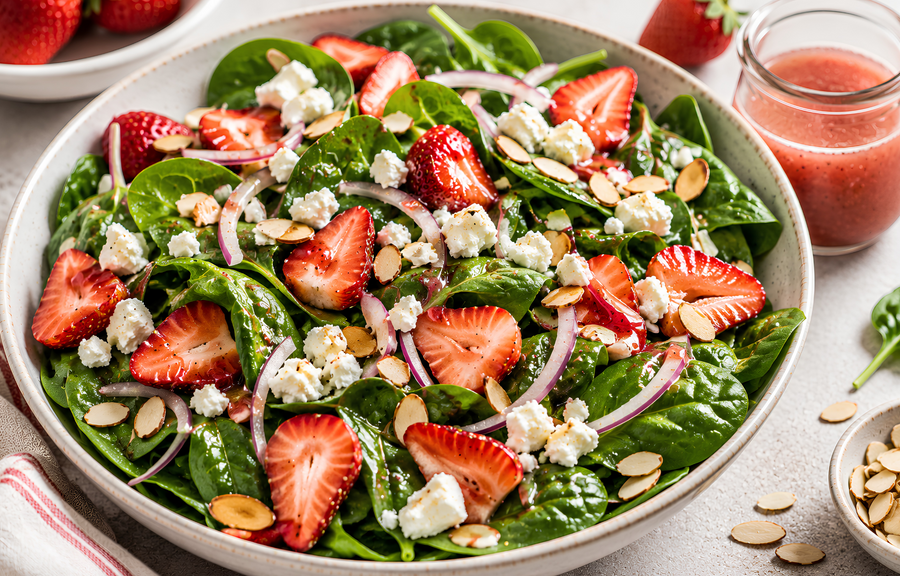 Strawberry White Balsamic Spinach Salad with Fresh Strawberries & Feta