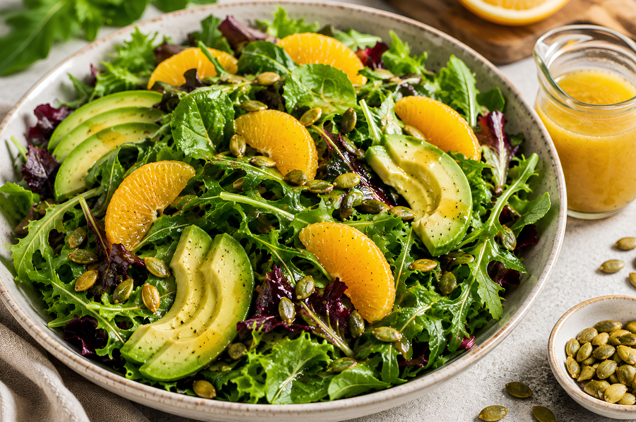Summer Greens with Mango Balsamic Vinaigrette, Avocado & Toasted Pepitas