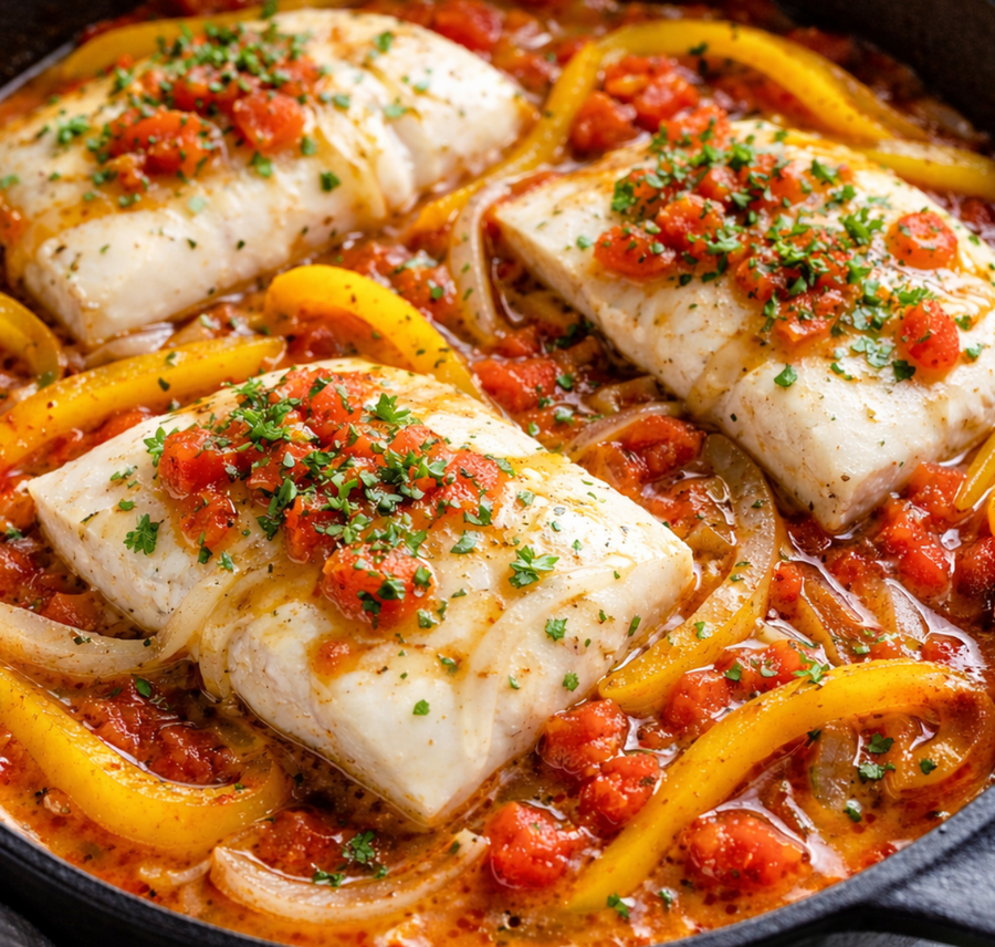 White Balsamic Baked Cod with Peppers