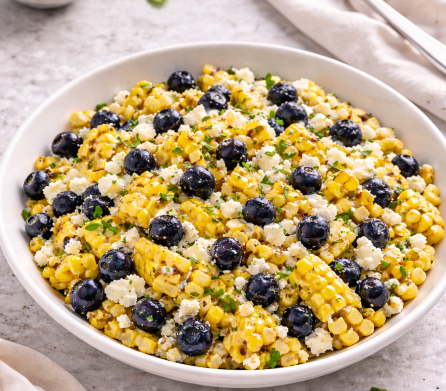 White Balsamic Blueberry, Corn and Feta Salad