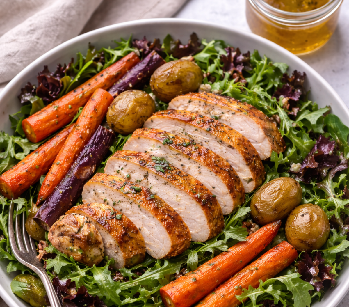 White Apple Balsamic Chicken Salad with Roasted Vegetables