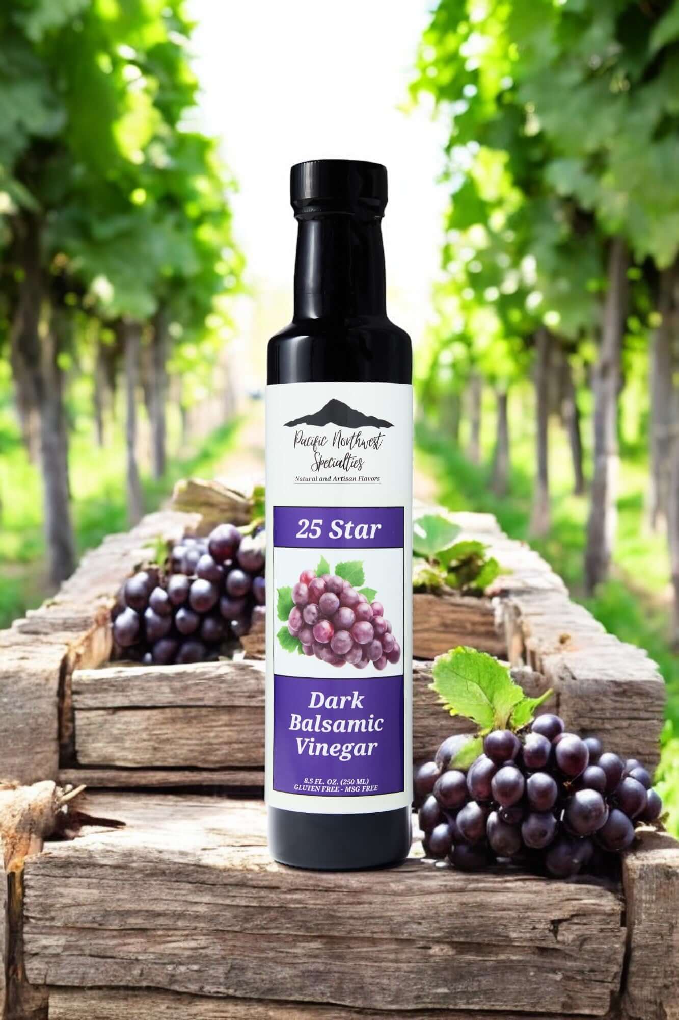 25 Star Dark Balsamic Vinegar bottle surrounded by vineyards and clusters of grapes.