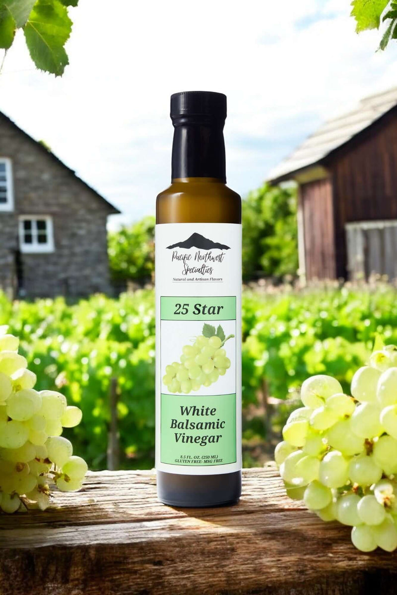 25 Star White Balsamic Vinegar bottle in a vineyard, showcasing premium quality for salads and marinades.