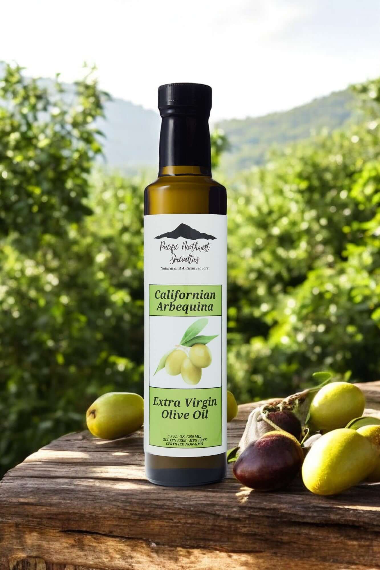 Bottle of Californian Arbequina Extra Virgin Olive Oil in a scenic olive grove.