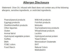 Allergen disclosure for basil infused olive oil, listing ingredients it does not contain.