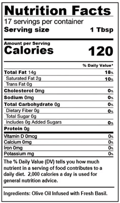 Nutrition facts label for Basil Infused Olive Oil, highlighting calories and serving size.