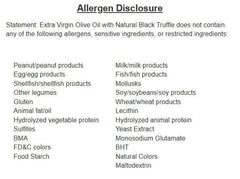Allergen disclosure for Extra Virgin Olive Oil with Black Truffle, listing non-contain allergens and sensitive ingredients.