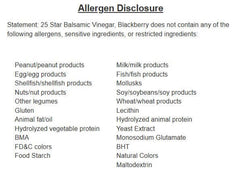 Allergen disclosure for 25 Star Blackberry Balsamic Vinegar showing no allergens or restricted ingredients.