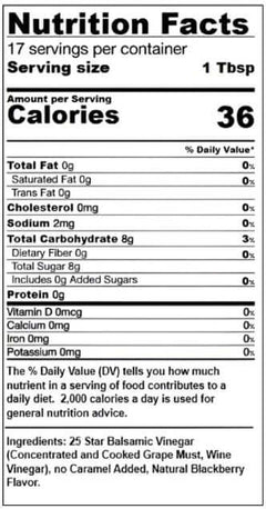 Nutrition facts label for Blackberry Dark Balsamic, showing calories and servings per container.