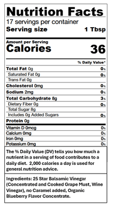 Nutrition facts for Blueberry Dark Balsamic, showing serving size, calories, ingredients, and nutritional information.