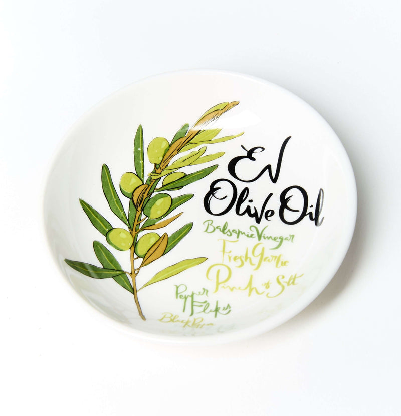 Round porcelain dipping bowl with olive oil print design, perfect for serving appetizers or sauces.