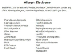 Allergen disclosure for Bordeaux Cherry Balsamic Vinegar listing sensitive ingredients and allergens.