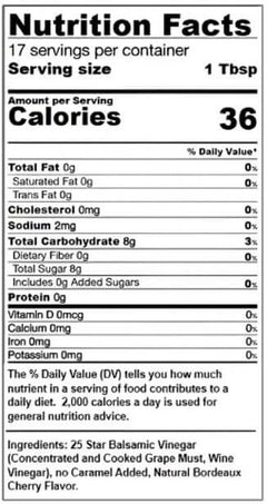 Nutrition facts label for Bordeaux Cherry Dark Balsamic, detailing calories and serving size information.