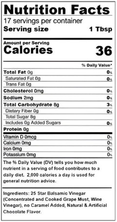 Nutrition facts for Chocolate Dark Balsamic, showing calorie count and serving details for health-conscious consumers.