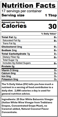 Nutrition facts for Coconut White Balsamic, showing 30 calories per serving, ingredients, and serving size information.