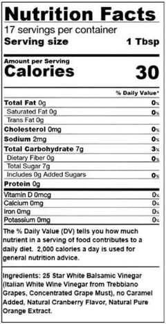 Nutrition facts for Cranberry Orange White Balsamic, highlighting 30 calories per tablespoon and serving details.